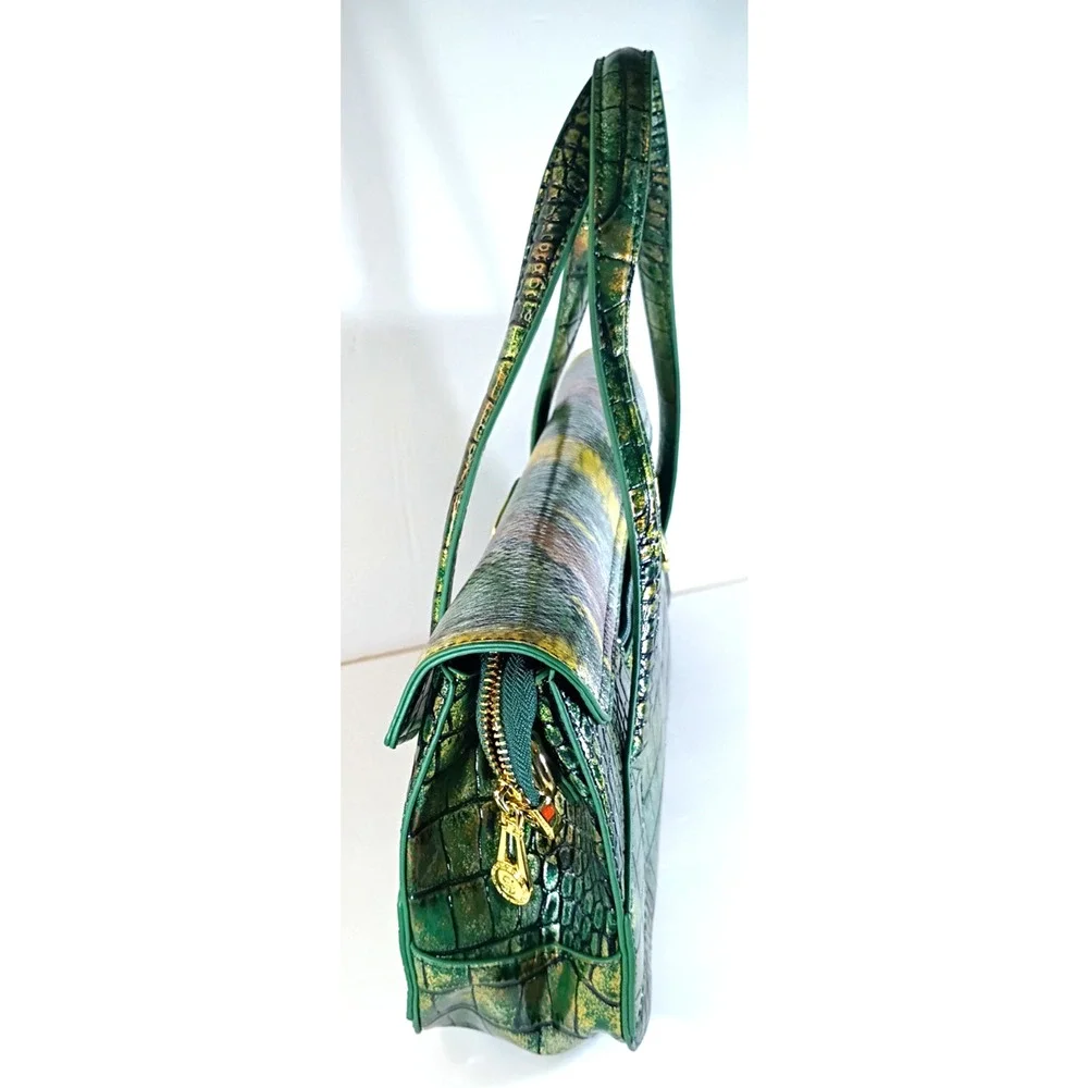 Vintage Sharif Metallic Green Gold Reptile Embossed Crossbody Flap Bag Y2K EUC